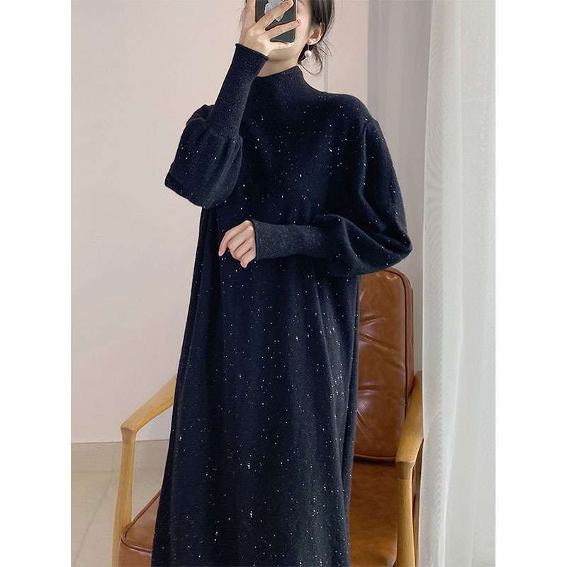 ロングワンピース シンプル モックネック ニットワンピース