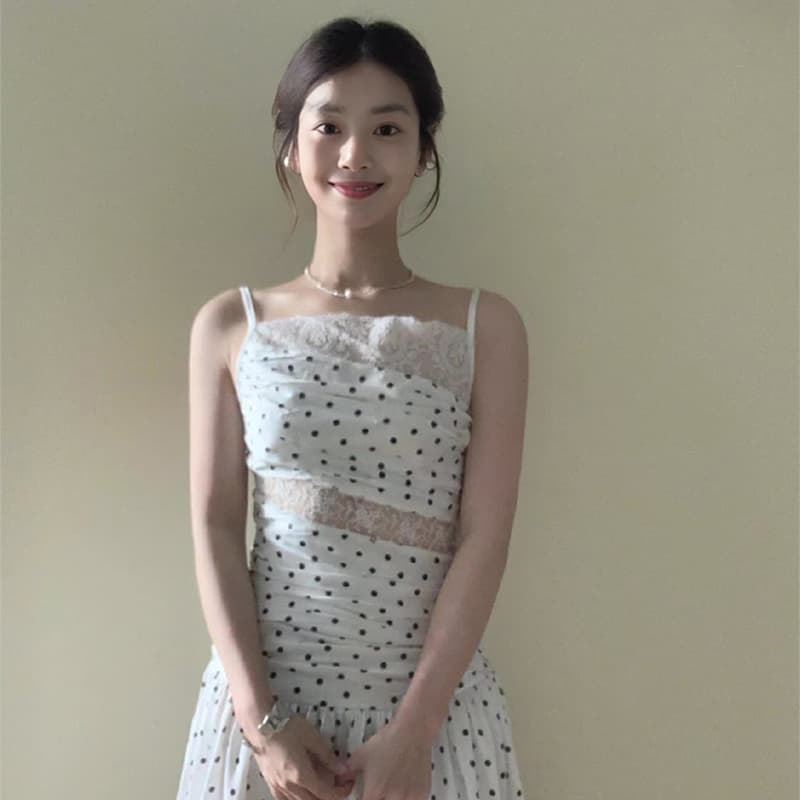 ロングワンピース レース 水玉レース切替優美ロングワンピース