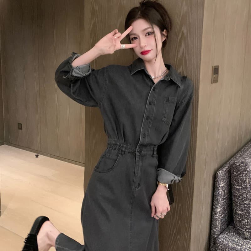 ロングワンピース ポロシャツ ウエストマーク付きデニム調シャツワンピース