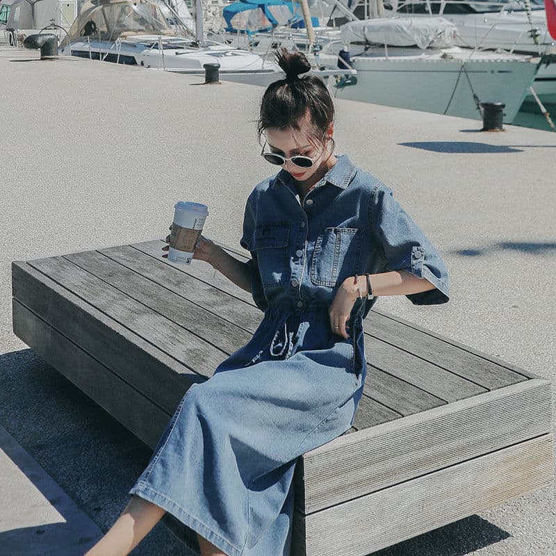 ロングワンピース ゆったりデニムカジュアルワンピース