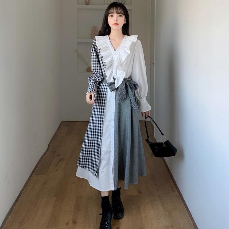 フリル襟ギンガムチェック切替ロングワンピース