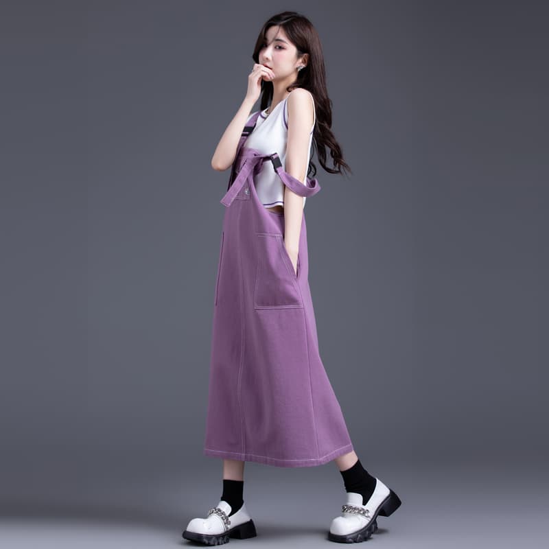 ロングワンピース デニム ゆったりシルエットサロペットワンピース