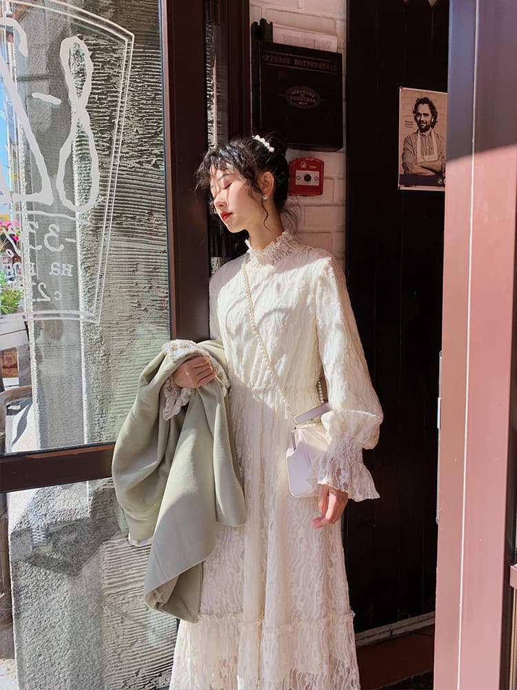 ロングワンピース レース編み花柄デザインワンピース
