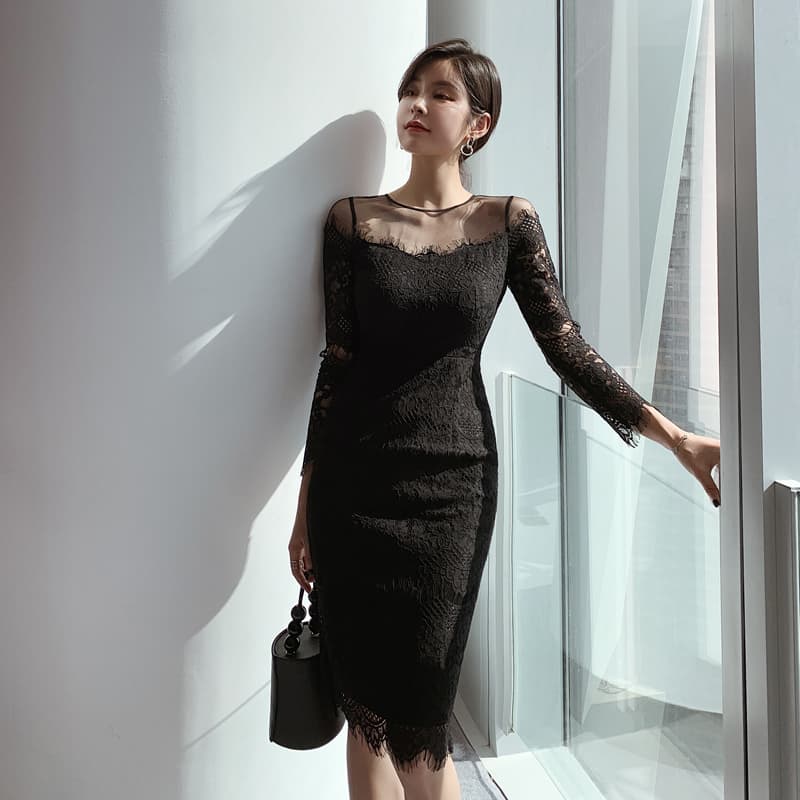 ロングワンピース レース シースルーレース切替ワンピース