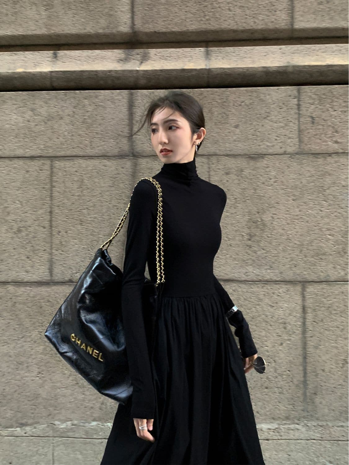 ロングワンピース タートルネックニットロング