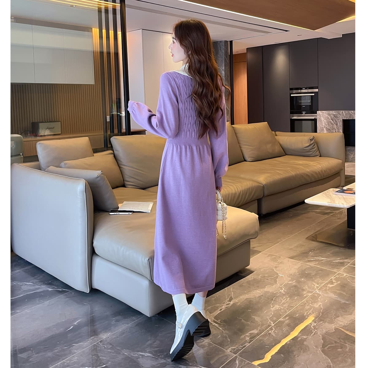 ロングワンピース ニット 襟付き縦編みロング丈ワンピース