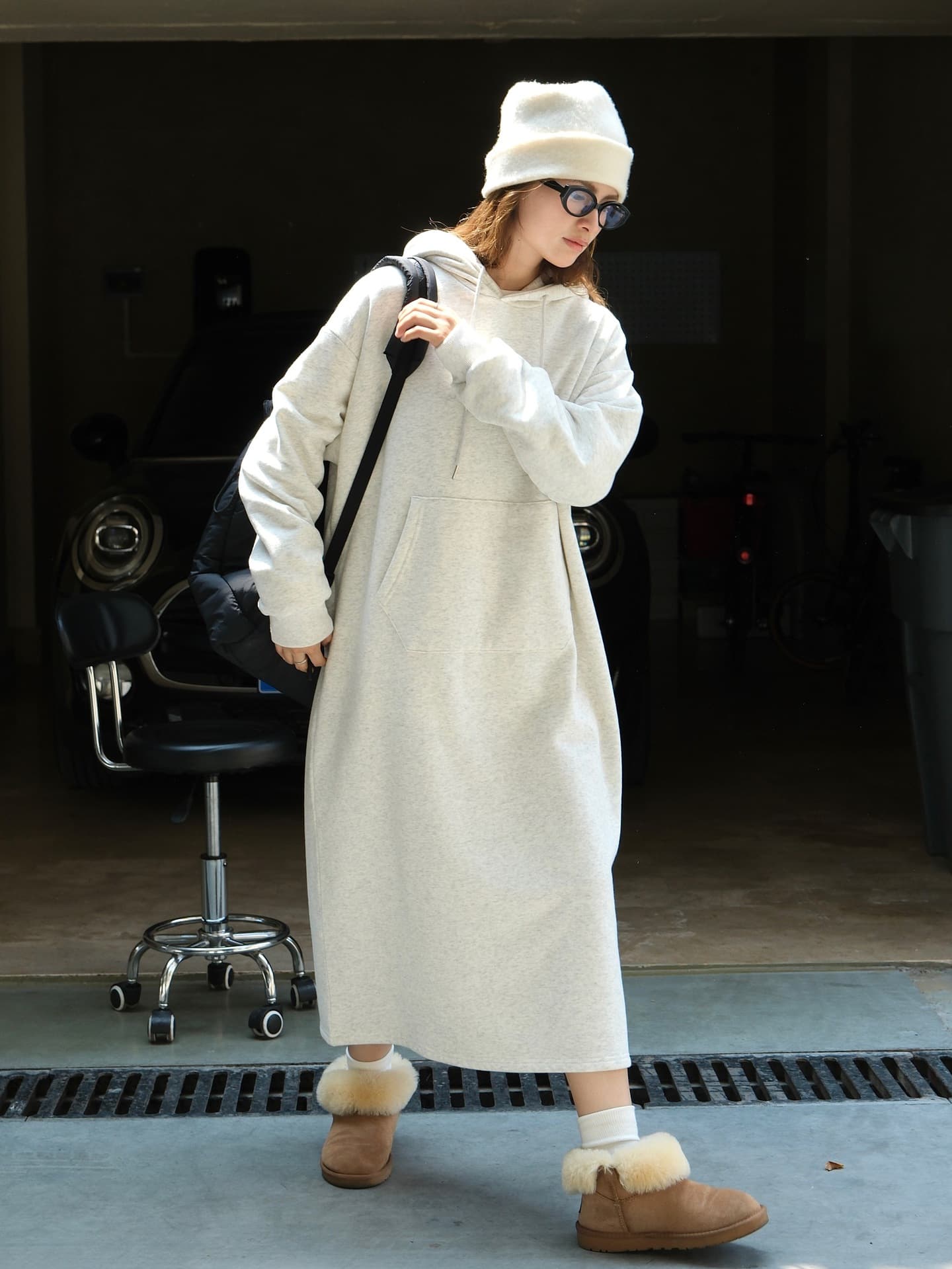 ロングワンピース ふんわりあったかフード付きワンピース