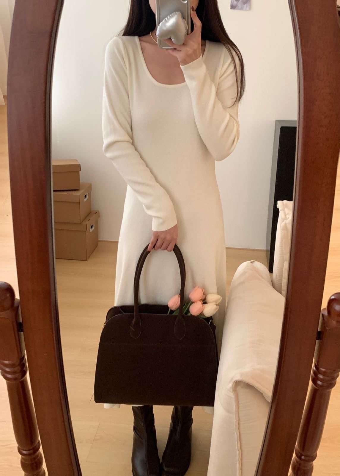ロングワンピース すっきり上品シルエットニットワンピース