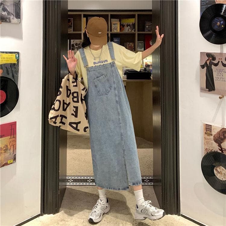 ロングワンピース オーバーオール風デニムマキシワンピース