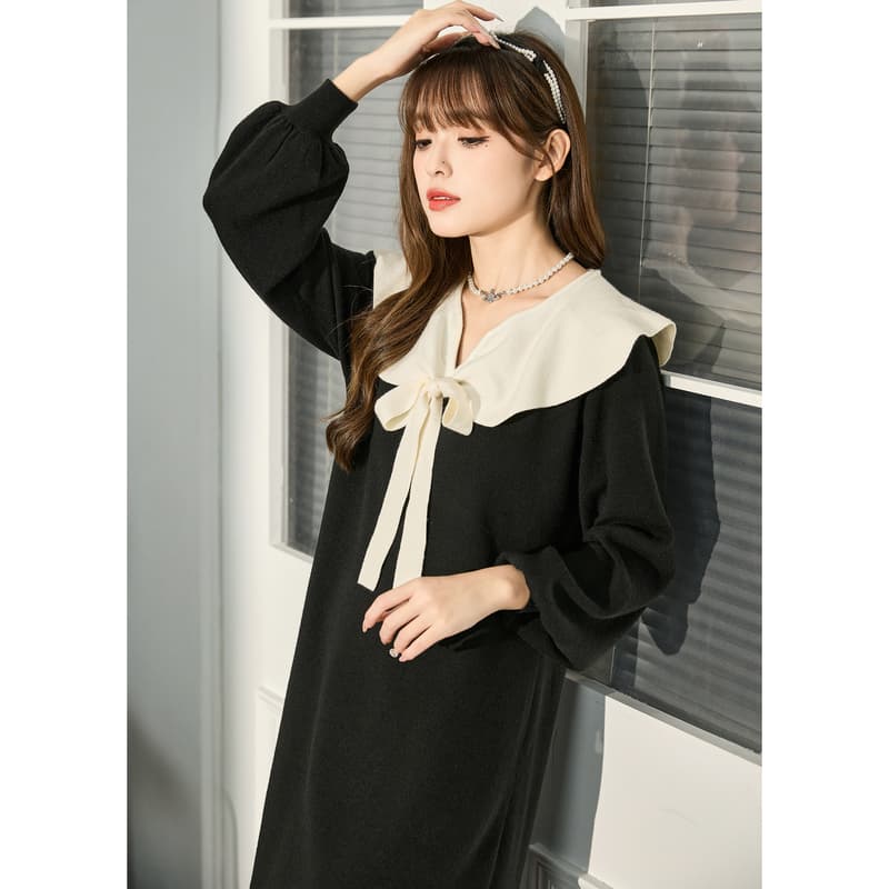 ロングワンピース ニット 襟リボン付き上品セーラー風ロングワンピース