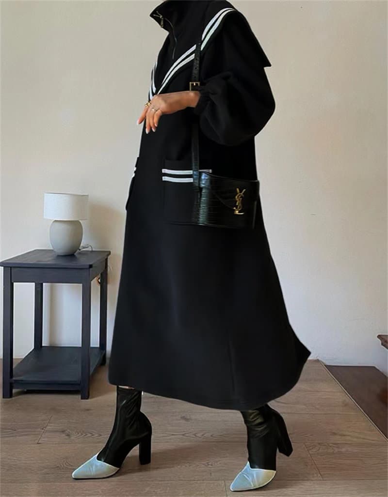 韓国風セーラー襟スウェットロングワンピース