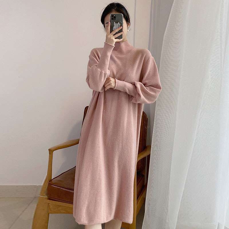 ロングワンピース シンプル モックネック ニットワンピース