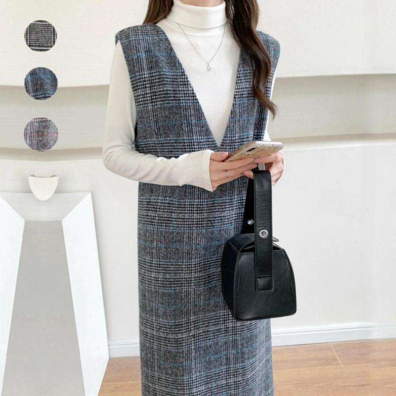 ロングワンピース シンプル格子柄ジャンパースカート