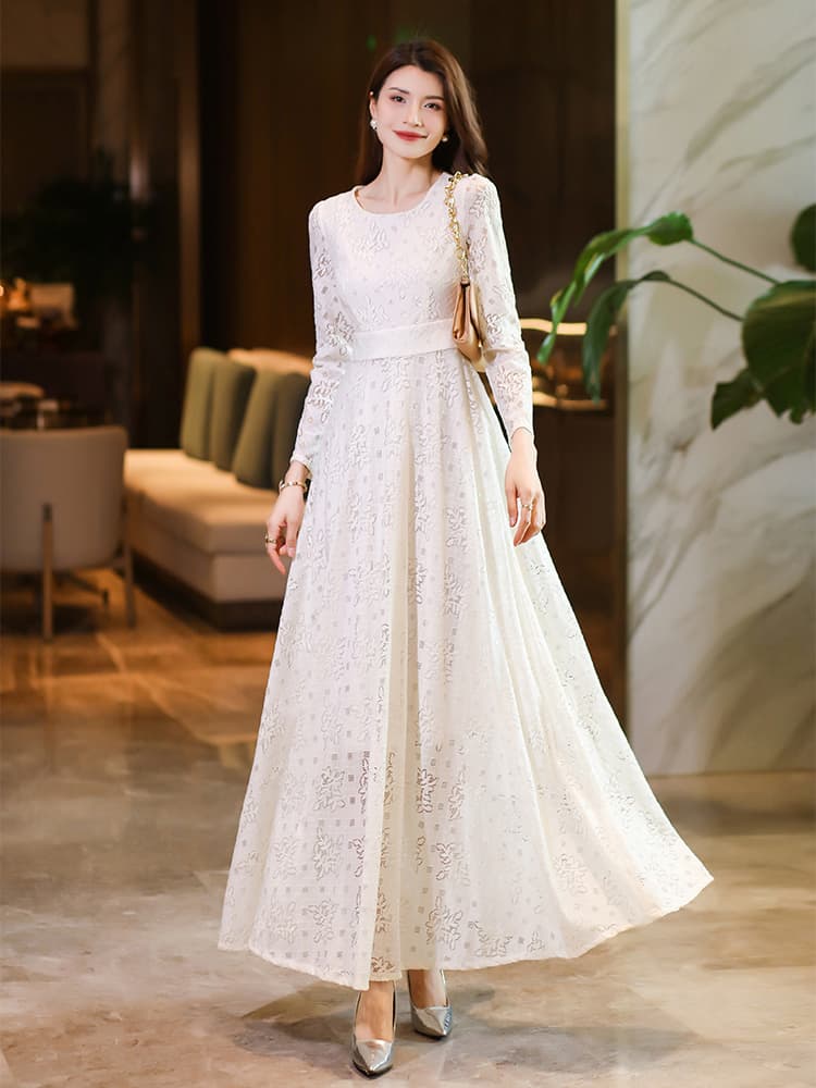 ロングワンピース レース 上品花柄レース マキシ丈ワンピース