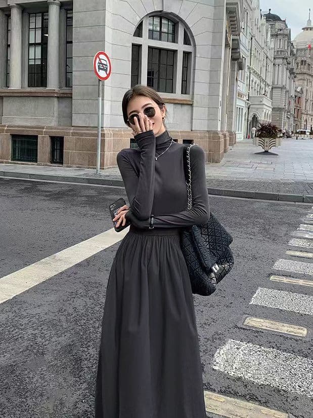 ロングワンピース タートルネックニットロング