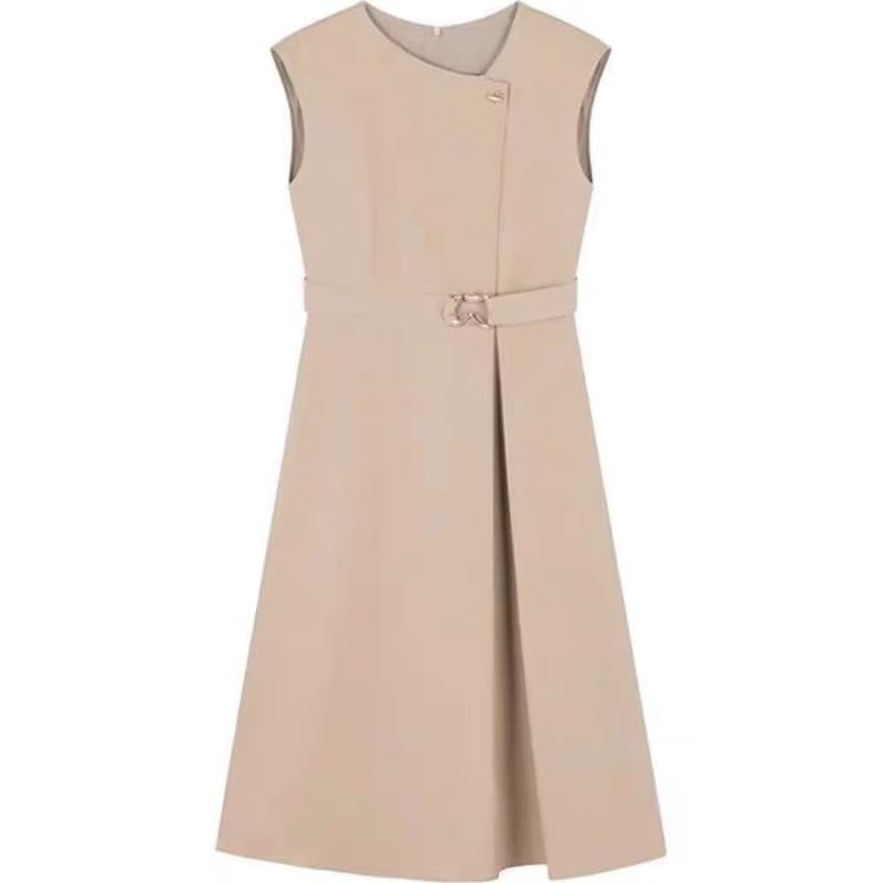 ロングワンピース 上品シャツワンピース夏新作ベルト付きベージュ