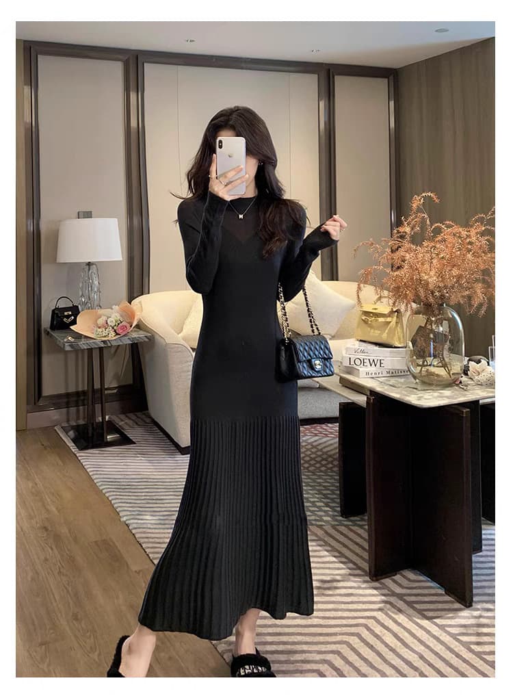 ロングワンピース ニュアンスプリーツニットワンピース