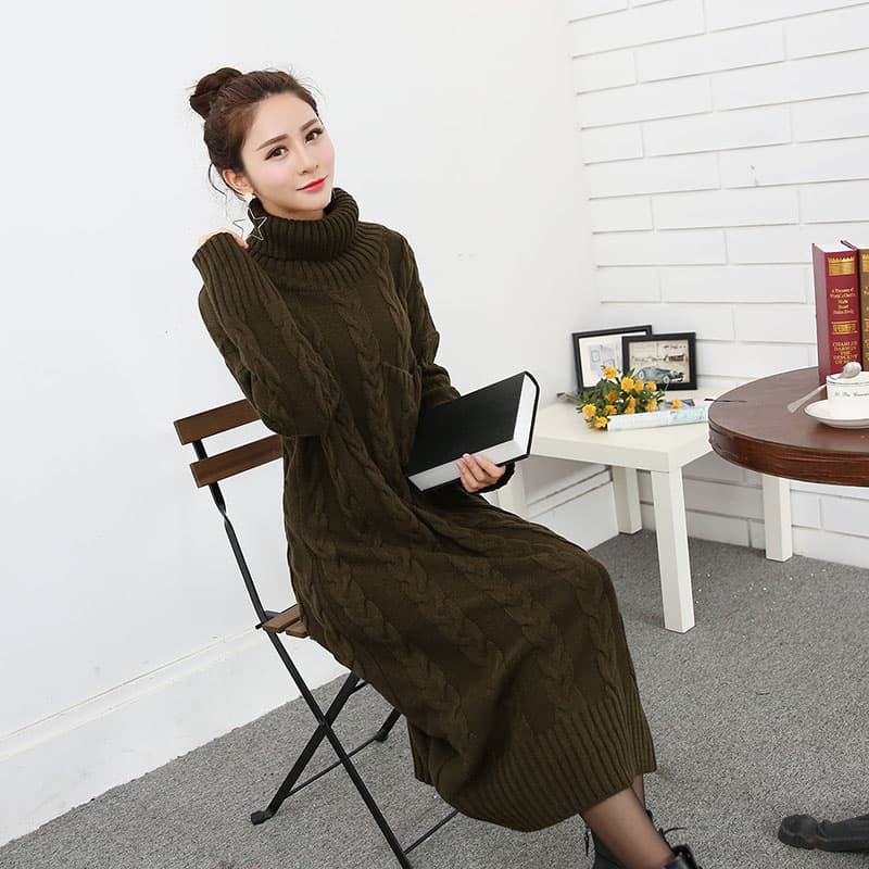 ロングワンピース タートルネック ケーブル編みタートルネックニットロングワンピース