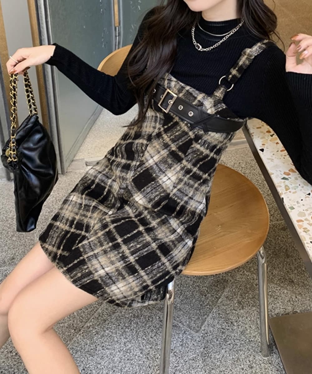 ロングワンピース チェック柄フレアサスペンダーワンピース