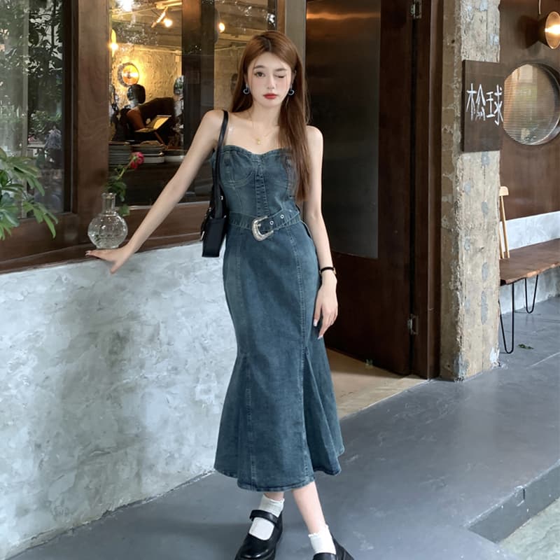 ロングワンピース デニム 細身デザイン マーメイドワンピース