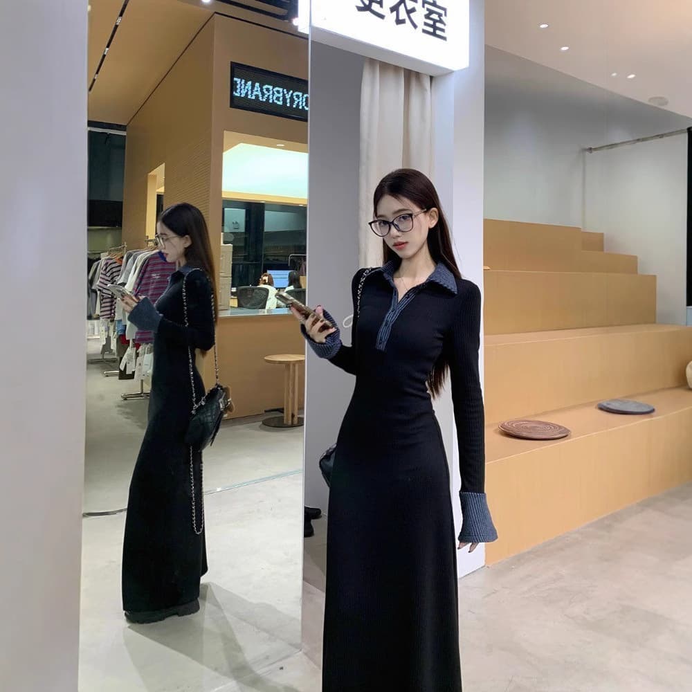 ロングワンピース 上品シルエット リブニット マキシ丈ワンピース