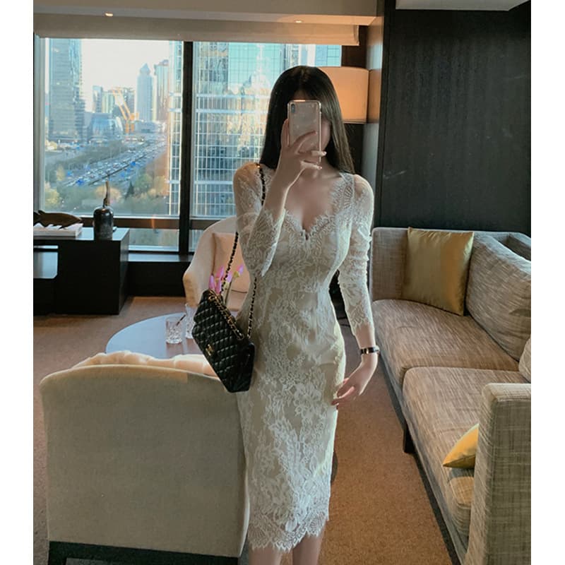 ロングワンピース 優美なレース花柄フルレングスワンピース
