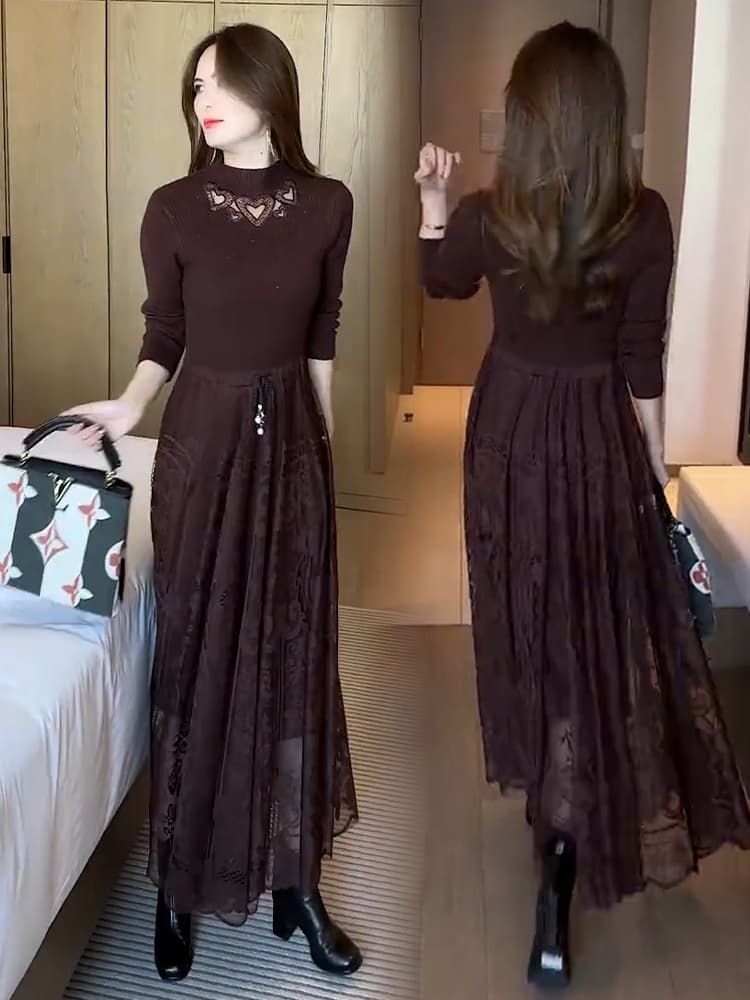 ロングワンピース レース装飾 優美シルエットワンピース