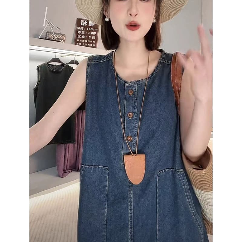 ロングワンピース デニム ゆったりシルエットサロペットワンピース