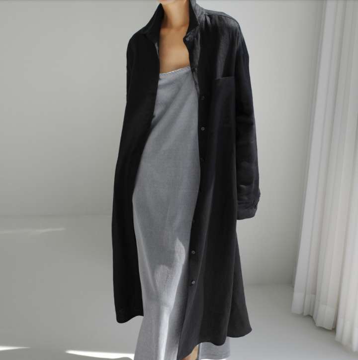 ロングワンピース リネン素材のスキッパー襟シャツワンピース