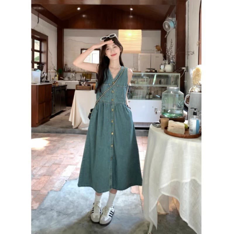ロングワンピース デニムサロペット風ノースリーブワンピース