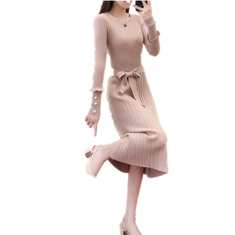 ロングワンピース ニット リブ編み袖フリル付きウエストリボンロングニット