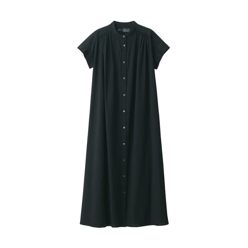ロングワンピース シャツ フレンチスリーブ襟付きシャツワンピース