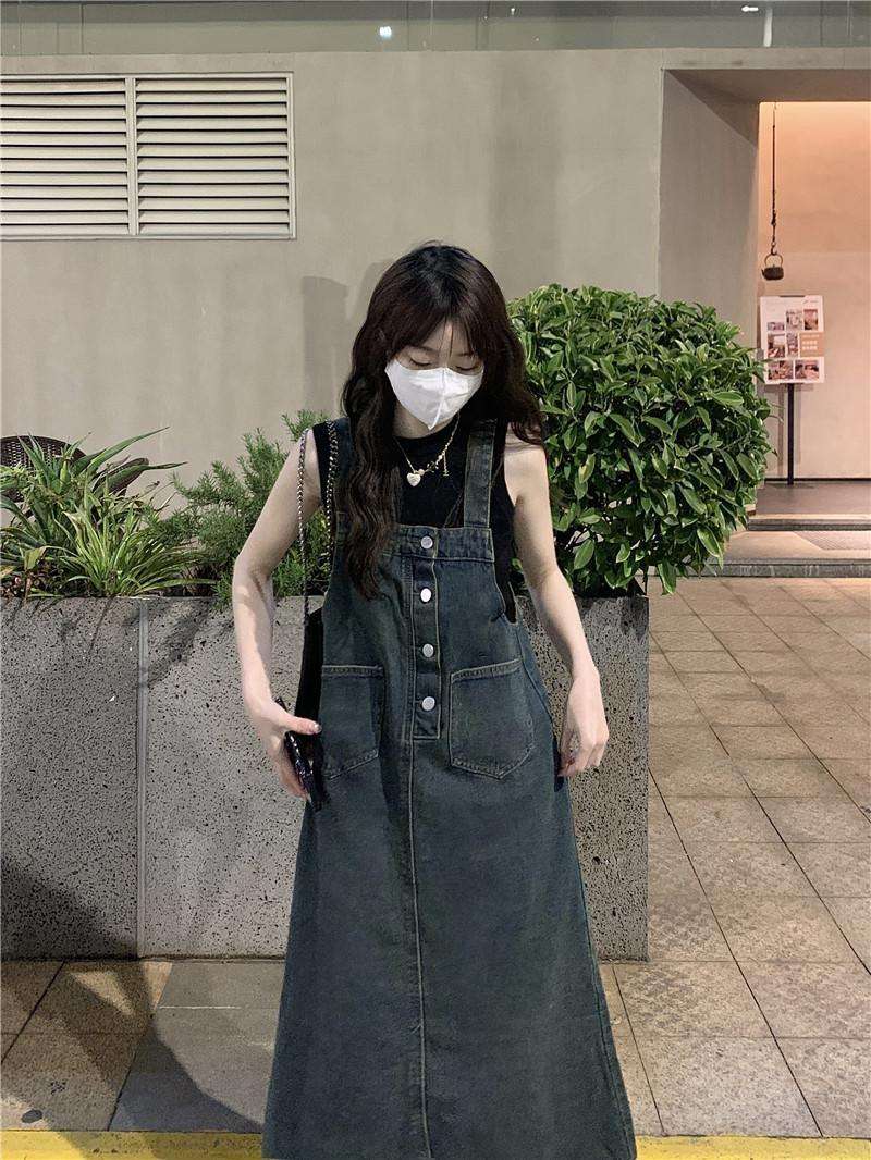 ロングワンピース ゆったりデニムサロペットワンピース