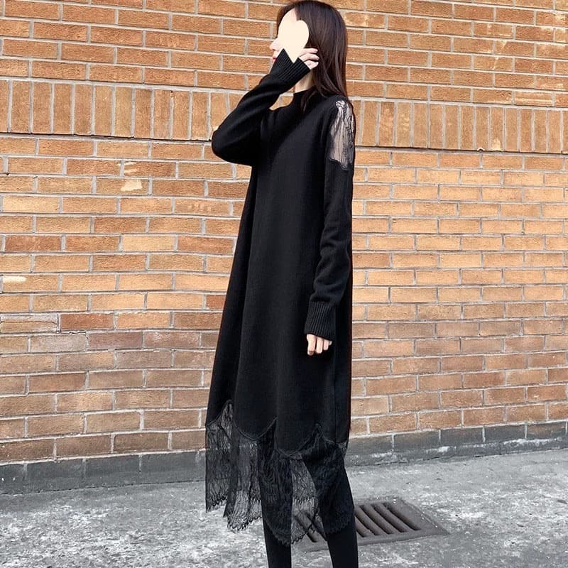 ロングワンピース レースデザインニットワンピース