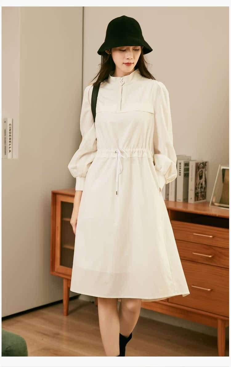 ロングワンピース 優美なギャザースリーブ シャツワンピース