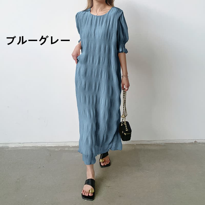 ロングワンピース シャーリング シフォン マキシワンピース ギャザー 長袖