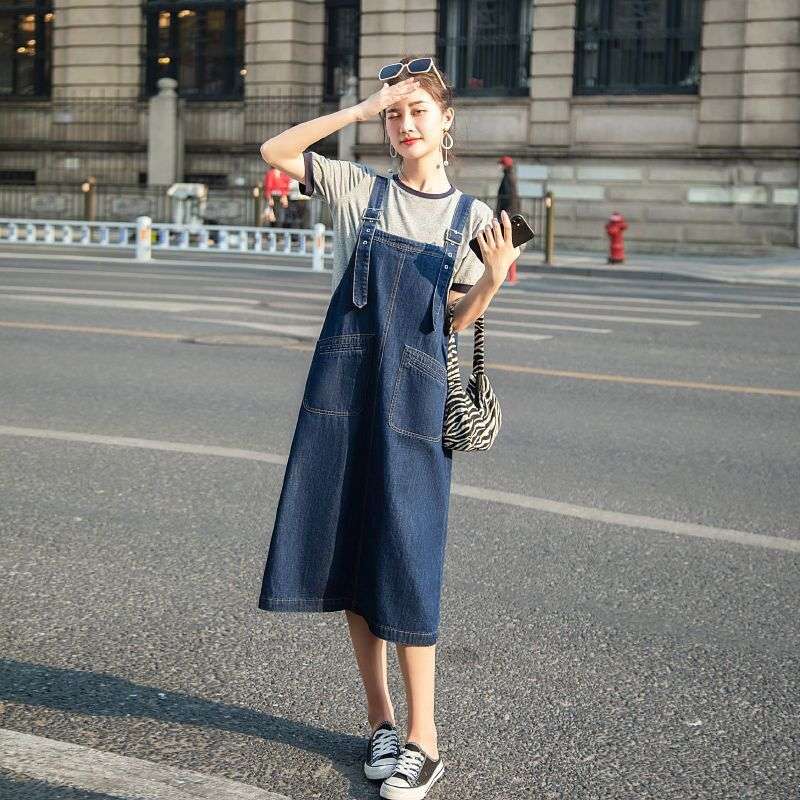 ロングワンピース ゆったりデニムサロペットワンピース