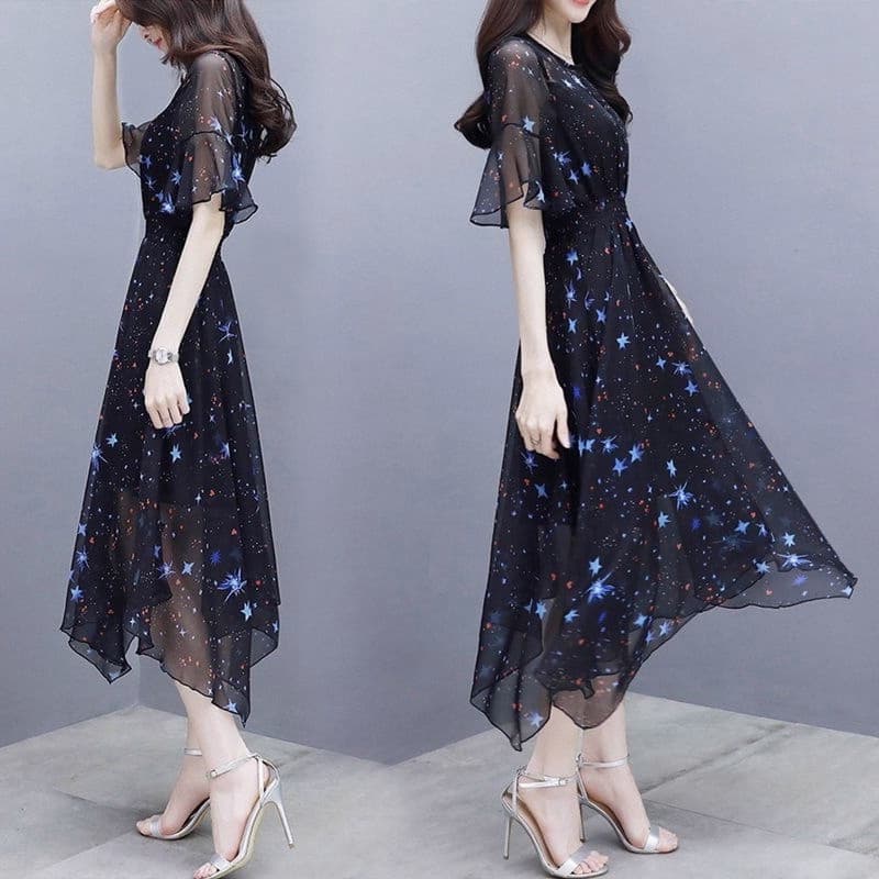 ロングワンピース 星座柄シフォンレース袖フレア裾ロングワンピース