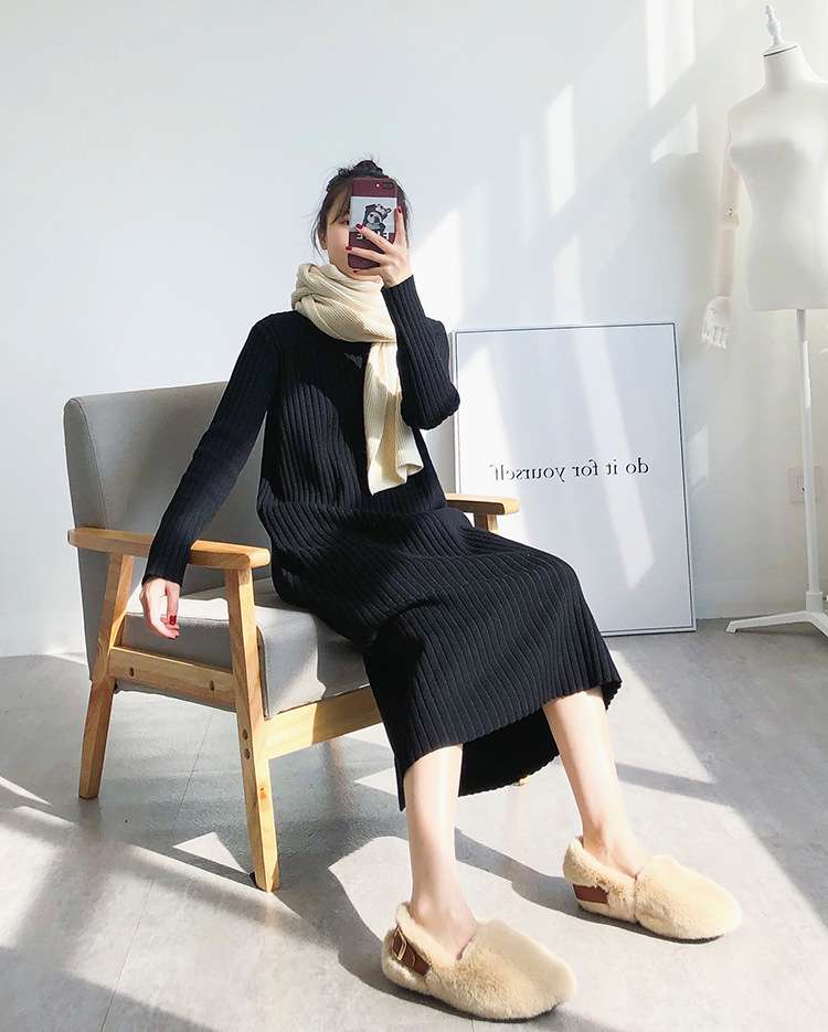 ロングワンピース リブ編みタートルネックミディアム丈ワンピース
