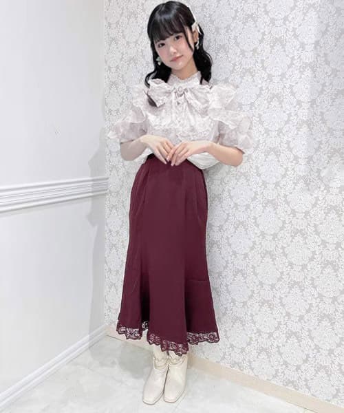 ロングワンピース ふんわり袖レースリボンワンピース