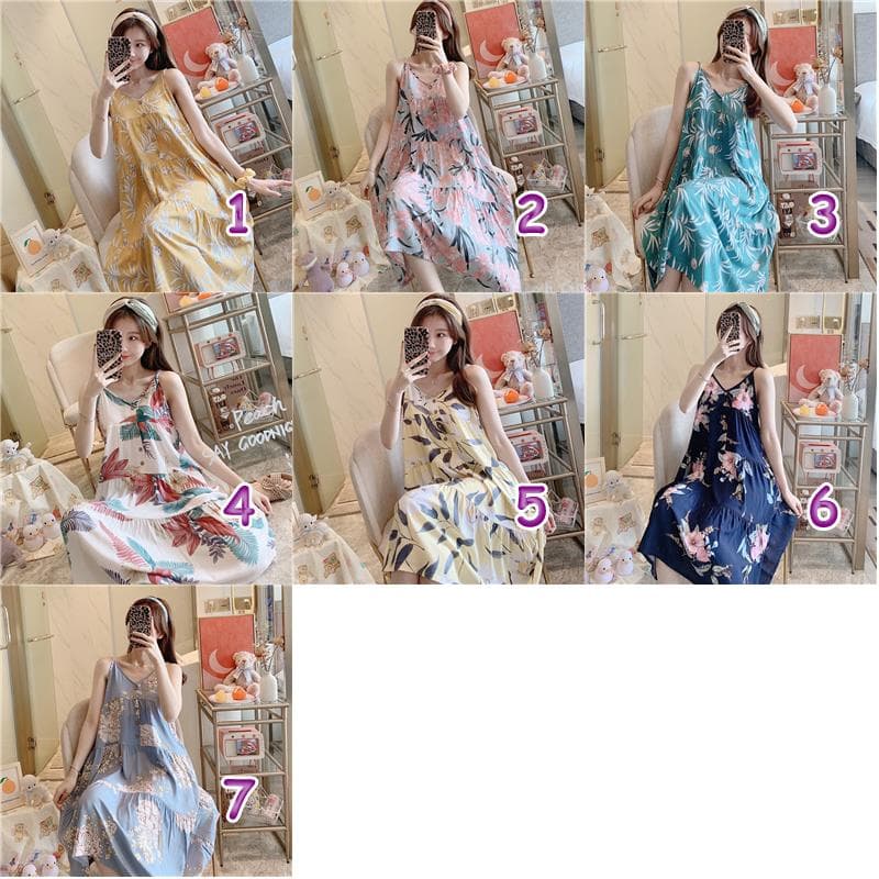 上品花柄ノースリーブロングワンピース寝間着