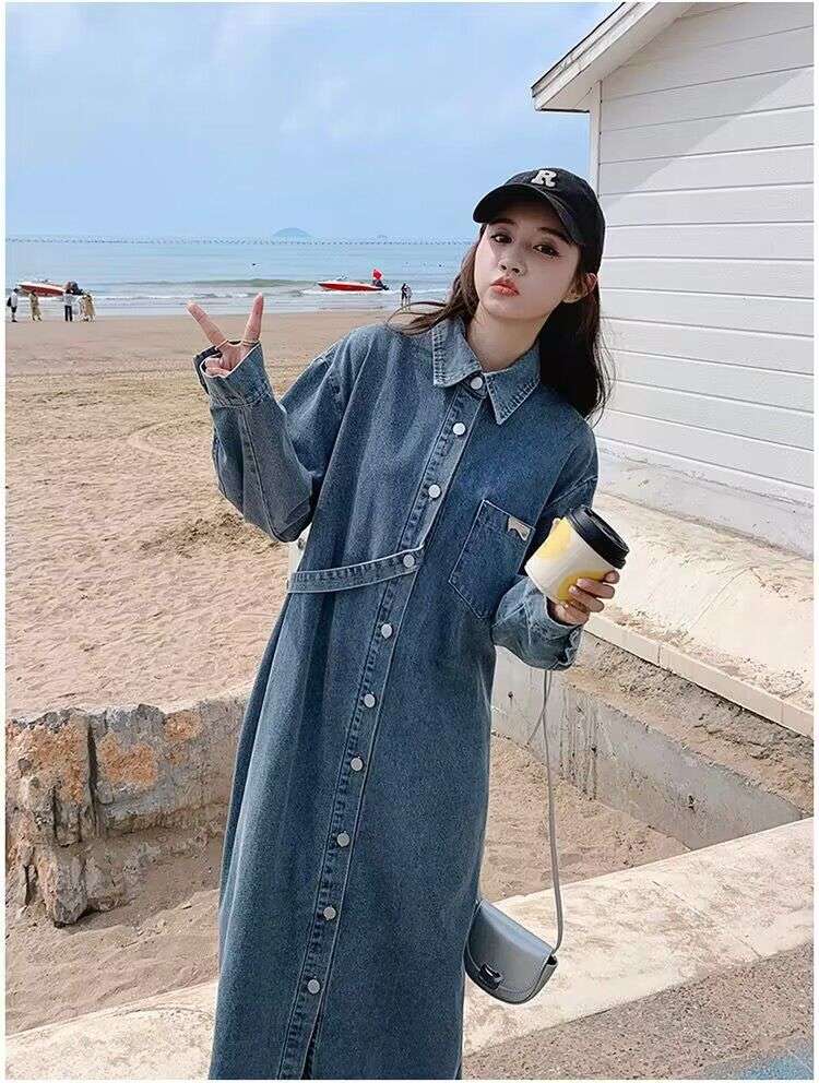 ロングワンピース シンプルゆったりデニムワンピース