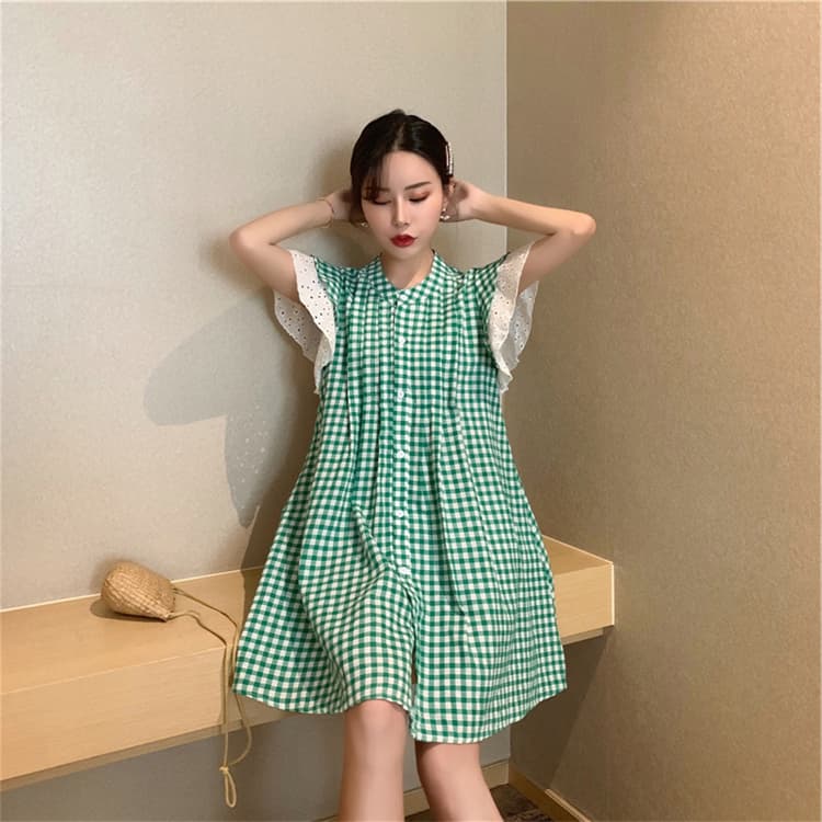 ロングワンピース 緑色格子柄シャツワンピース上品ゆったり袖フリル付き