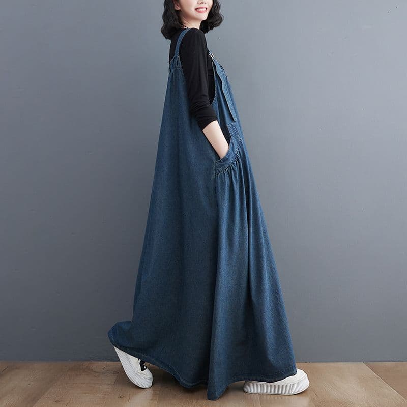 ロングワンピース ゆったりデニムサロペットワンピース