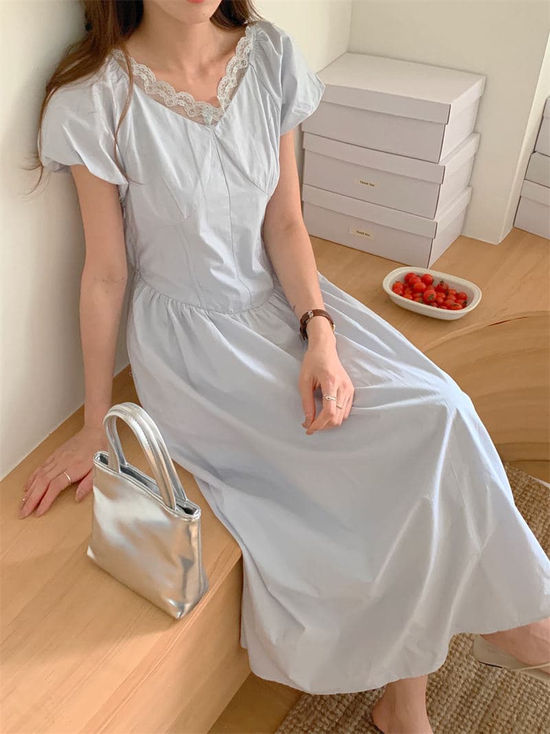 ロングワンピース 春夏新作レース襟シャツワンピース可愛いロング丈