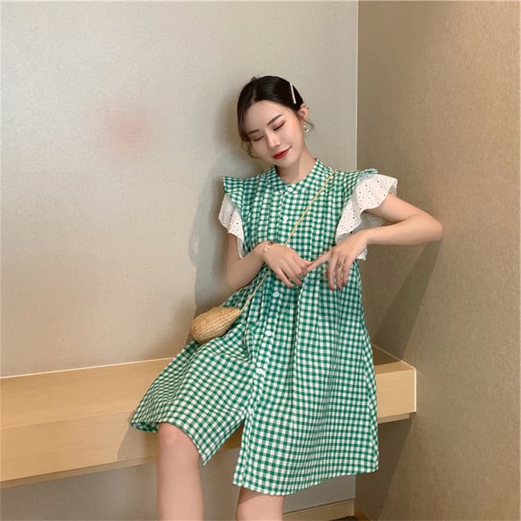 ロングワンピース 緑色格子柄シャツワンピース上品ゆったり袖フリル付き