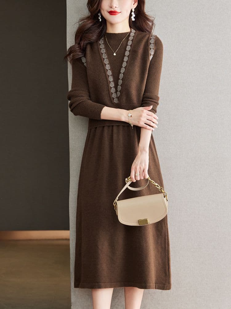 ロングワンピース ニット 上品装飾付きリブ編みミディワンピース