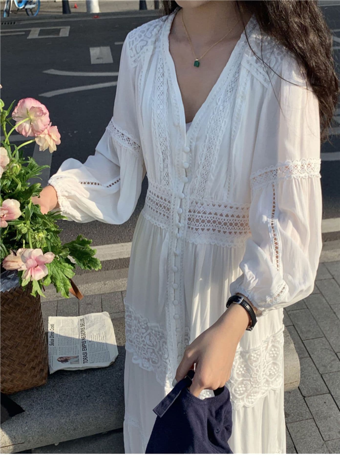ロングワンピース 優美なレース切替フェミニンマキシワンピース