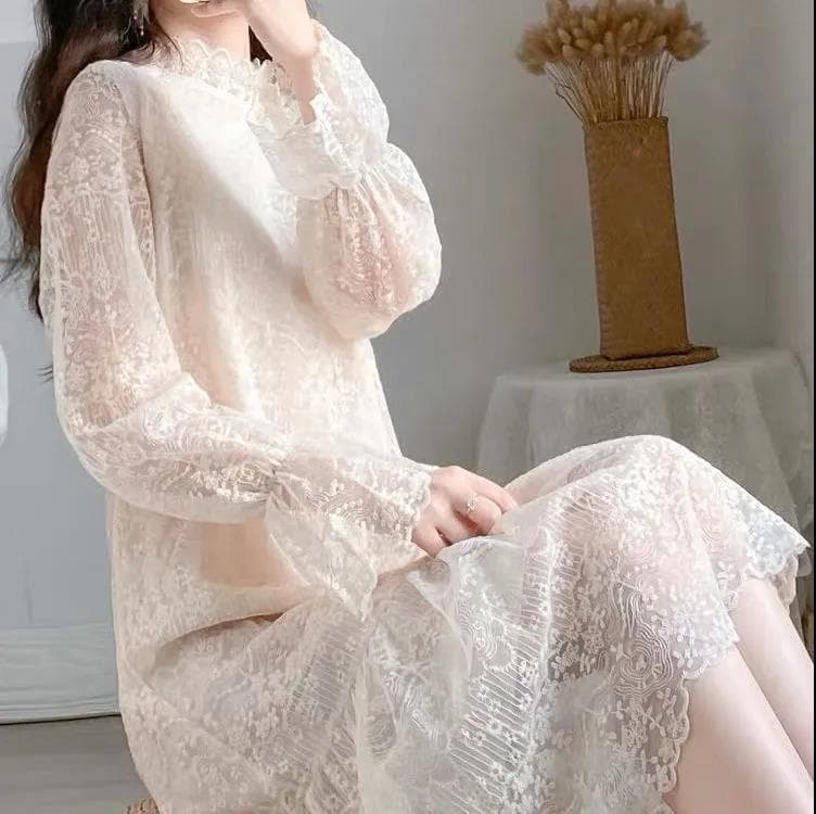 ロングワンピース 優美な花レース フレアロングワンピース