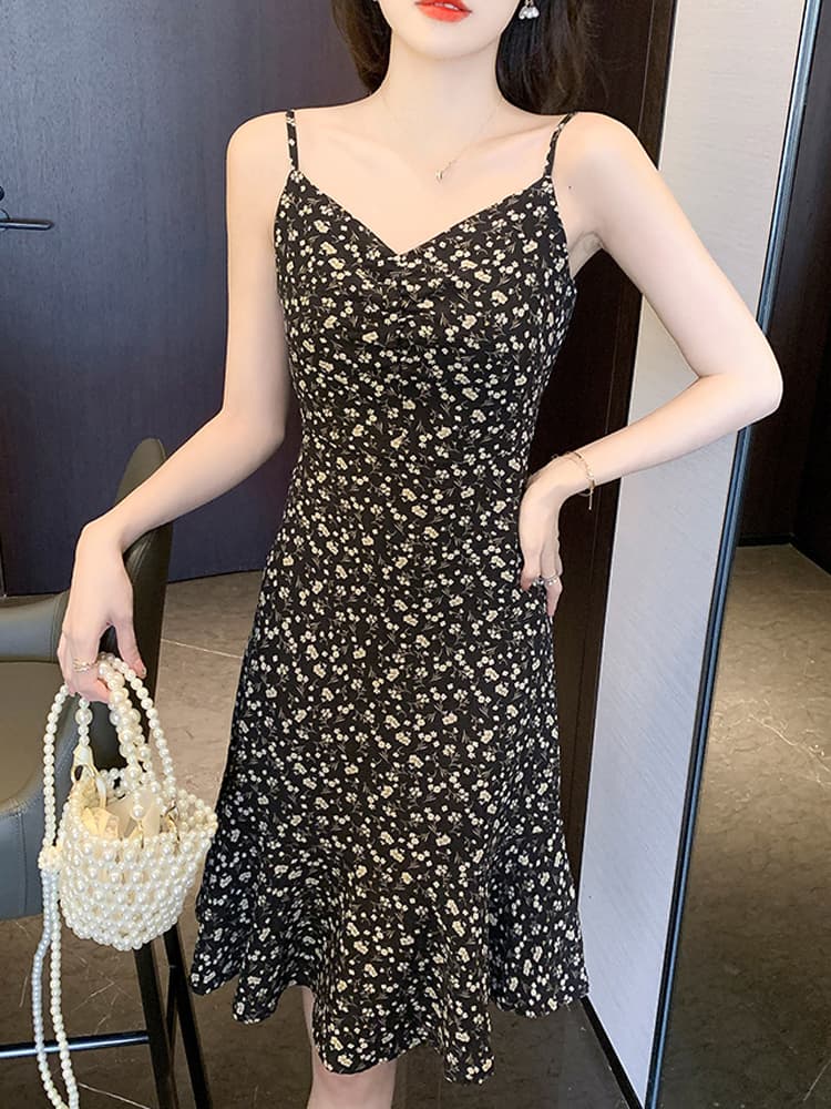 小花柄プリーツ切替キャミソールロングワンピース